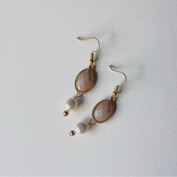 Blush Bead & Pearl Drop Earrings | Upcycled | Gold Stainless Steel Hooks - Picture 4 of 10